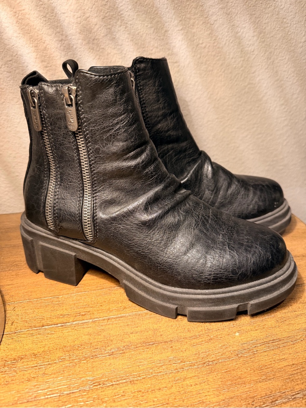 Blowfish Black Textured Leather Side-Zip Lug Ankle Boots